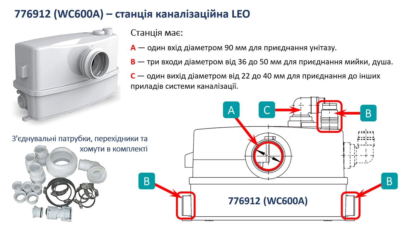 Каналізаційні станції LEO 3.0 WC-600A Станція каналізаційна 0.6кВт Hmax 8.5м Qmax 110л/хв