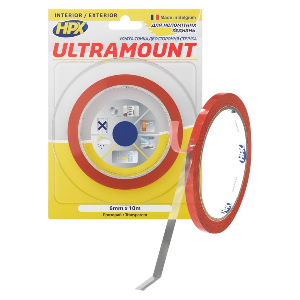 Двостороння клейка стрічка HPX Стрічка двохстороння ULTRA MOUNT 6мм.*0,2мм.*10м. прозора (блістер) UM0610