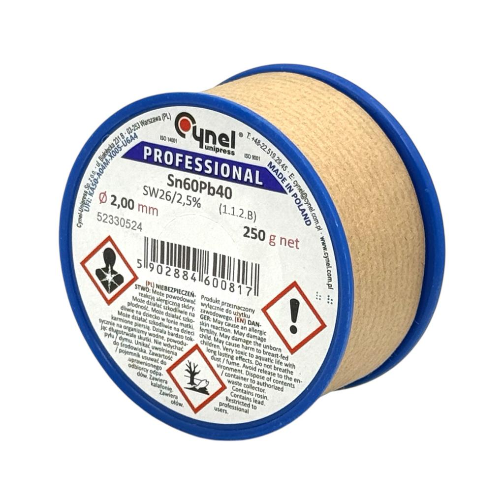 Аксесуари для пайки CYNEL PROFESSIONAL Припой з флюсом Sn60Pb40 Ø2.0мм., (250гр.)