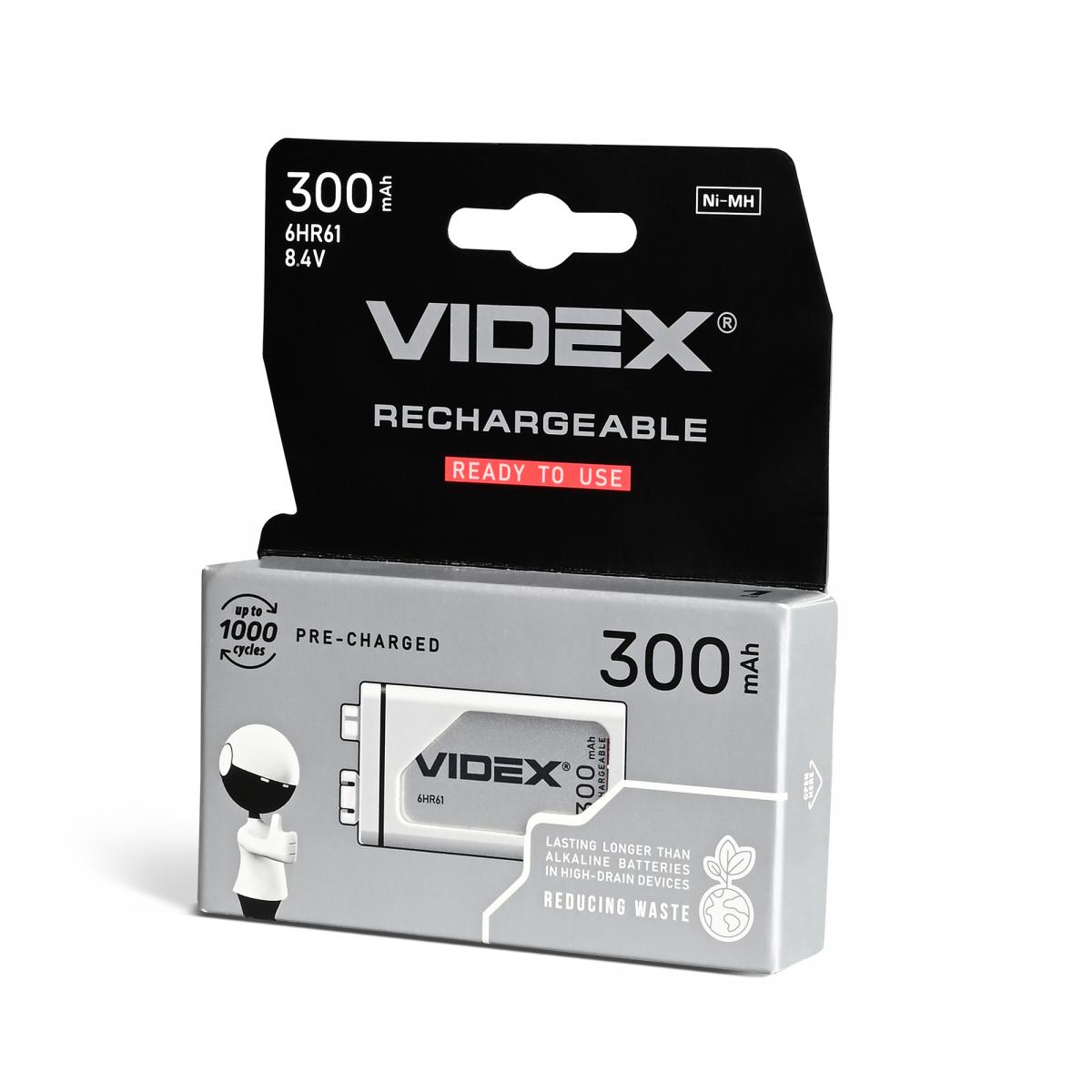 Батарейки аккумуляторные VIDEX Аккумулятор КРОНА 8,4V 300mA 6HR61