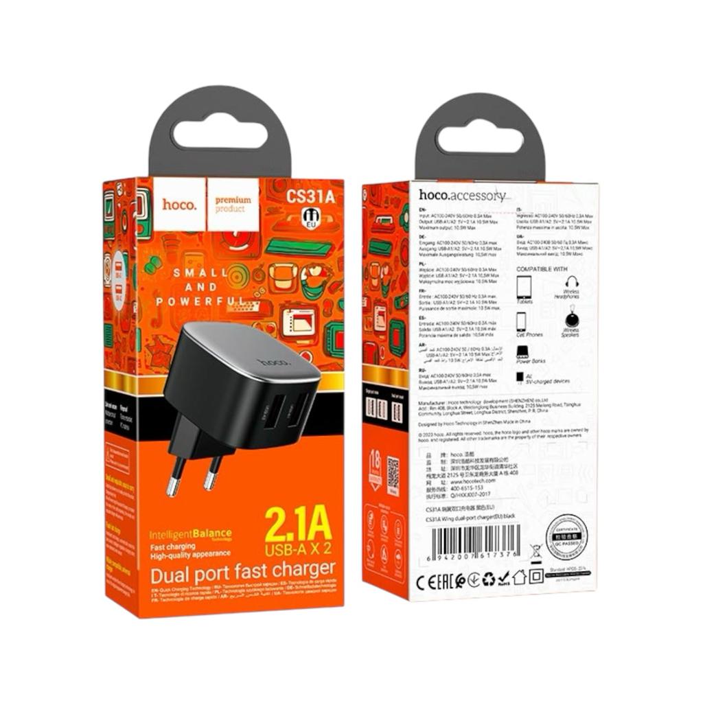 Зарядні пристрої для телефонів Hoco Зарядний пристрій CS31A 2*USB Wing dual port fast charger 2.1A  Black