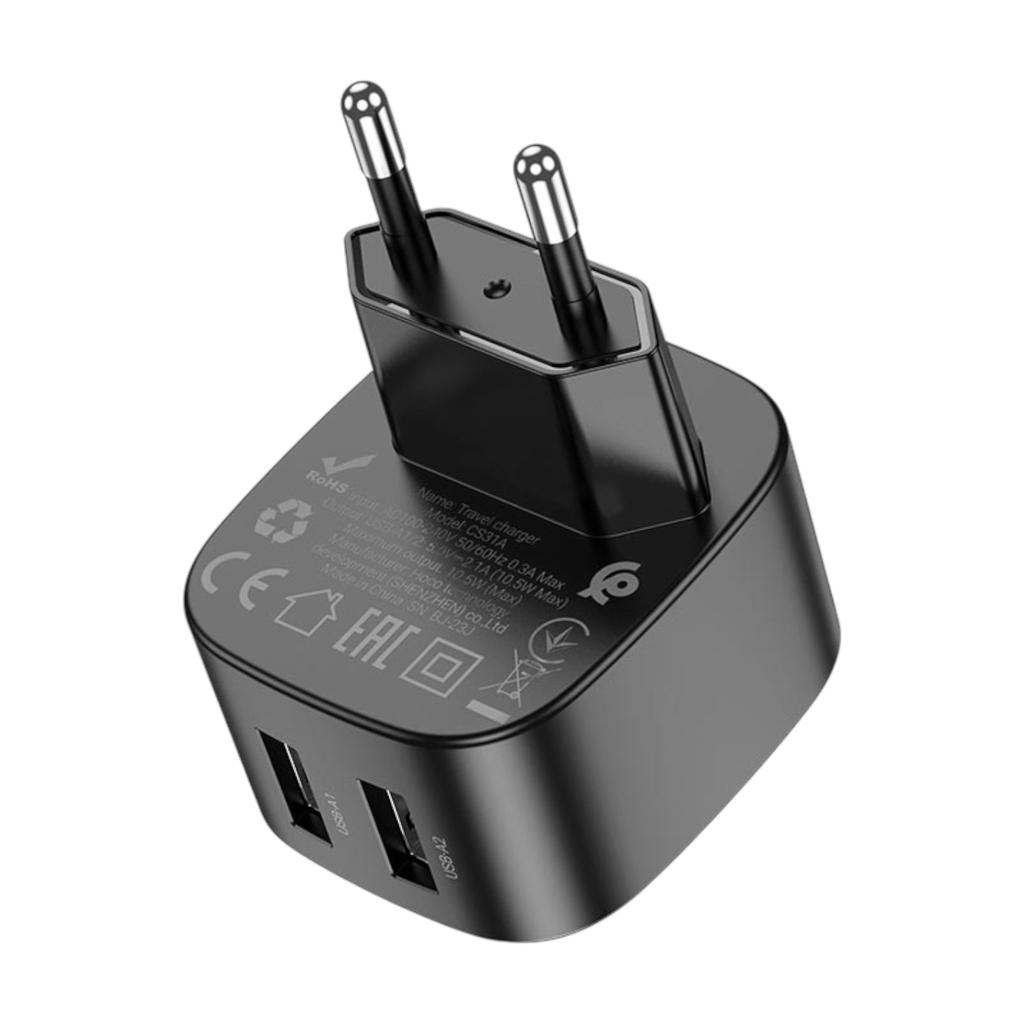 Зарядные устройства для телефонов Hoco Зарядний пристрій CS31A 2*USB Wing dual port fast charger 2.1A  Black