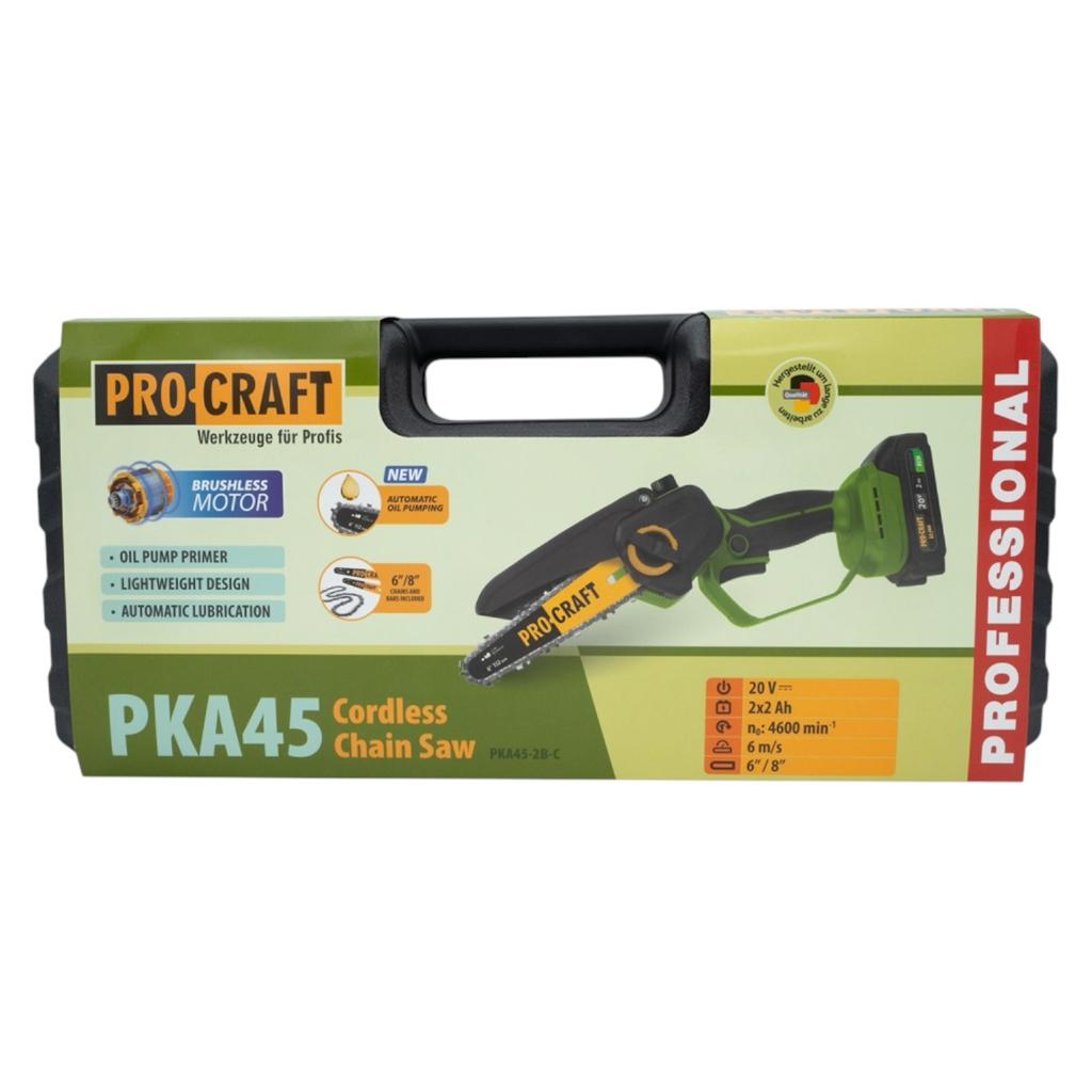 Пилы цепные аккумуляторные PROCRAFT Пила МІНІ ланцюгова аккумуляторна безщіткова (з АКБ *2A/h та ЗП +  кобура + кейс +  ланцюги 2 шини) PKA45
