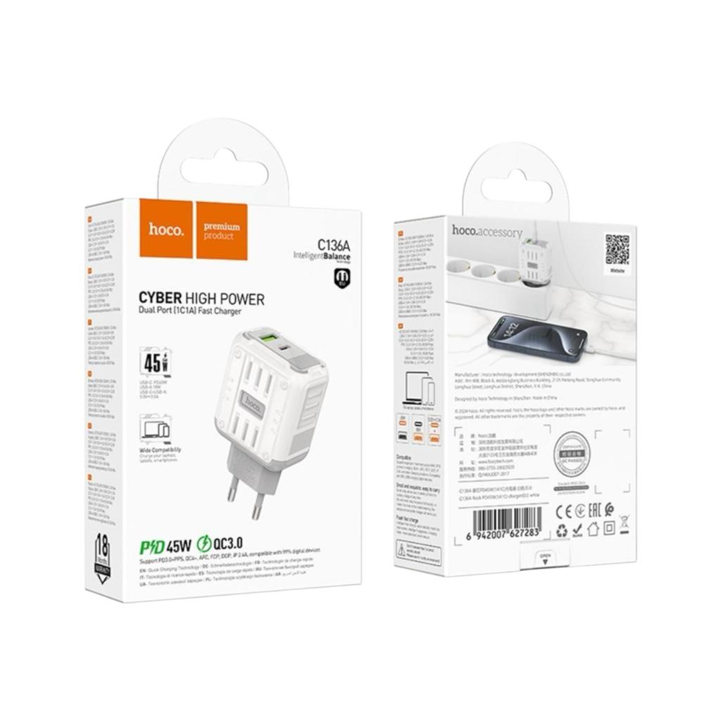 Зарядні пристрої для телефонів Hoco Зарядний пристрій CYBER HIGH POWER U+C 45W White C136A