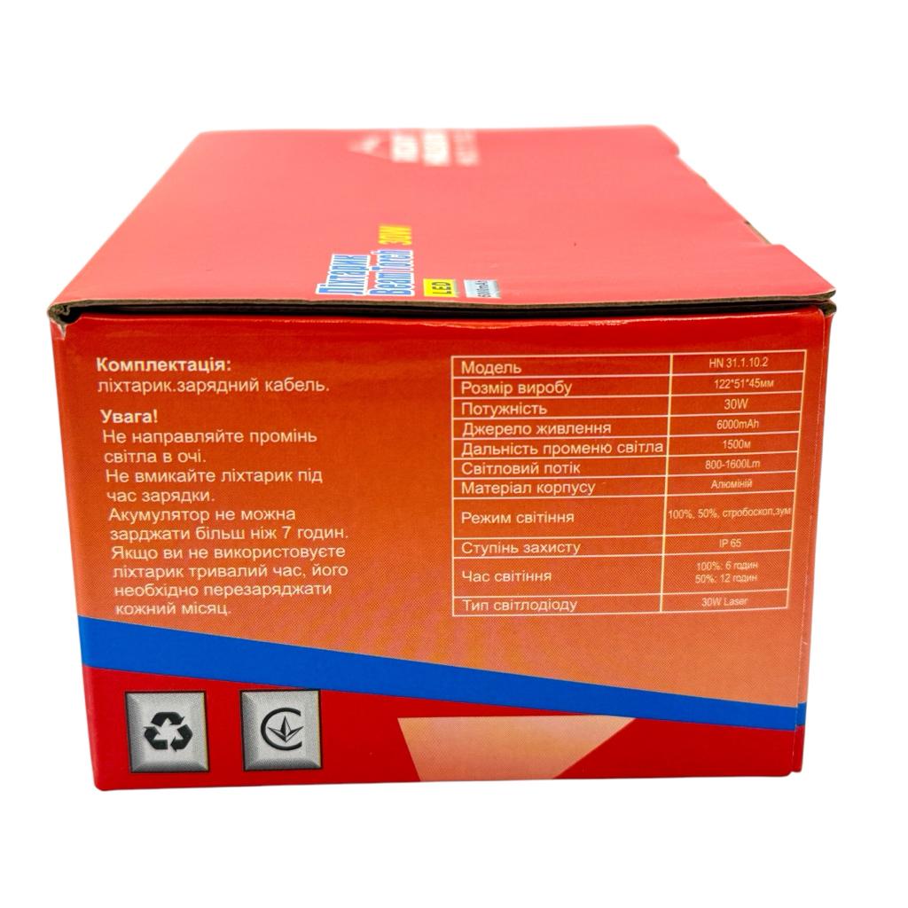 Фонари ручные RightHausen BEAM TORCH Фонарь ручной 30W 800-1600Lm 6000mAh HN-311102
