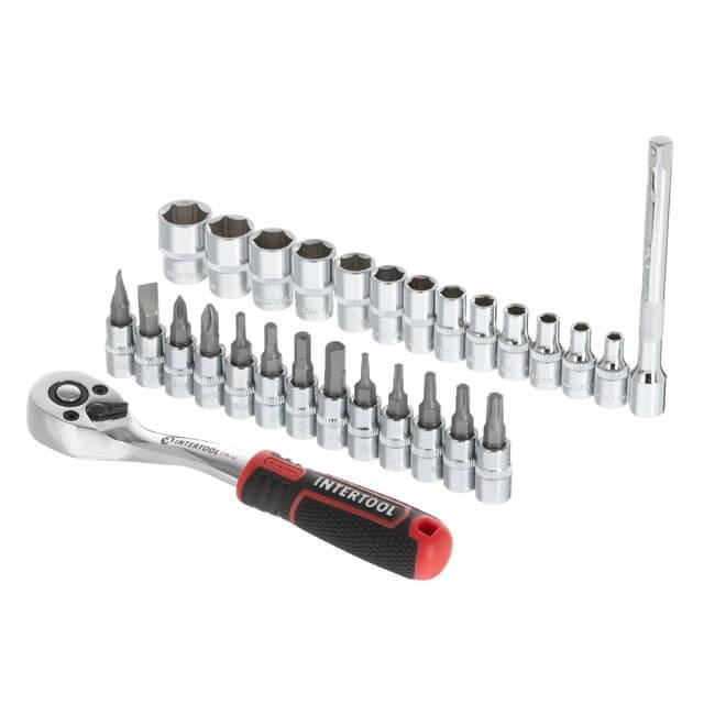 Набори головок INTERTOOL STORM Набір головок 1/4 4-14 мм., TORX, PH, HEX, SL з тріскачкою (28од.) ET-8018