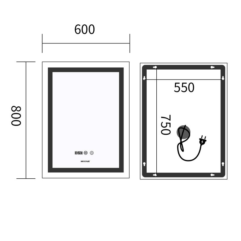 Зеркала с подсветкой MIXXUS Premium FLASH MR21-60x80 Дзеркало (LED Touch, Anti-fog, димер, годинник) (MP6617)