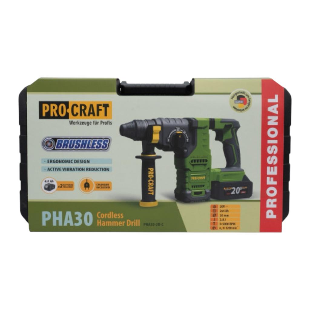 Перфораторы (аккумуляторные) PROCRAFT Перфоратор бочковий акумуляторний 2,8 Дж (з АКБ 2*4Ah та ЗП+Кейс) PHA30