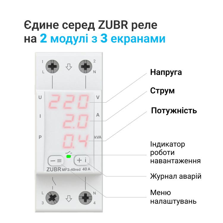 Реле напряжения ZUBR Мультифункціональне реле напруги MF2-40 red