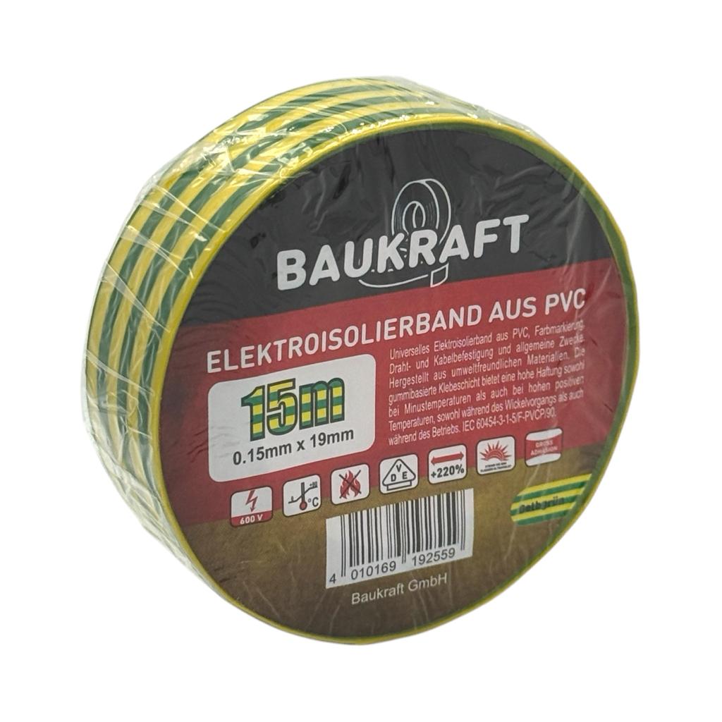 Ізоляційна стрічка BAUKRAFT Ізоляційна стрічка 0,15мм.*19мм.*15м. (жовто-зелена) 166491