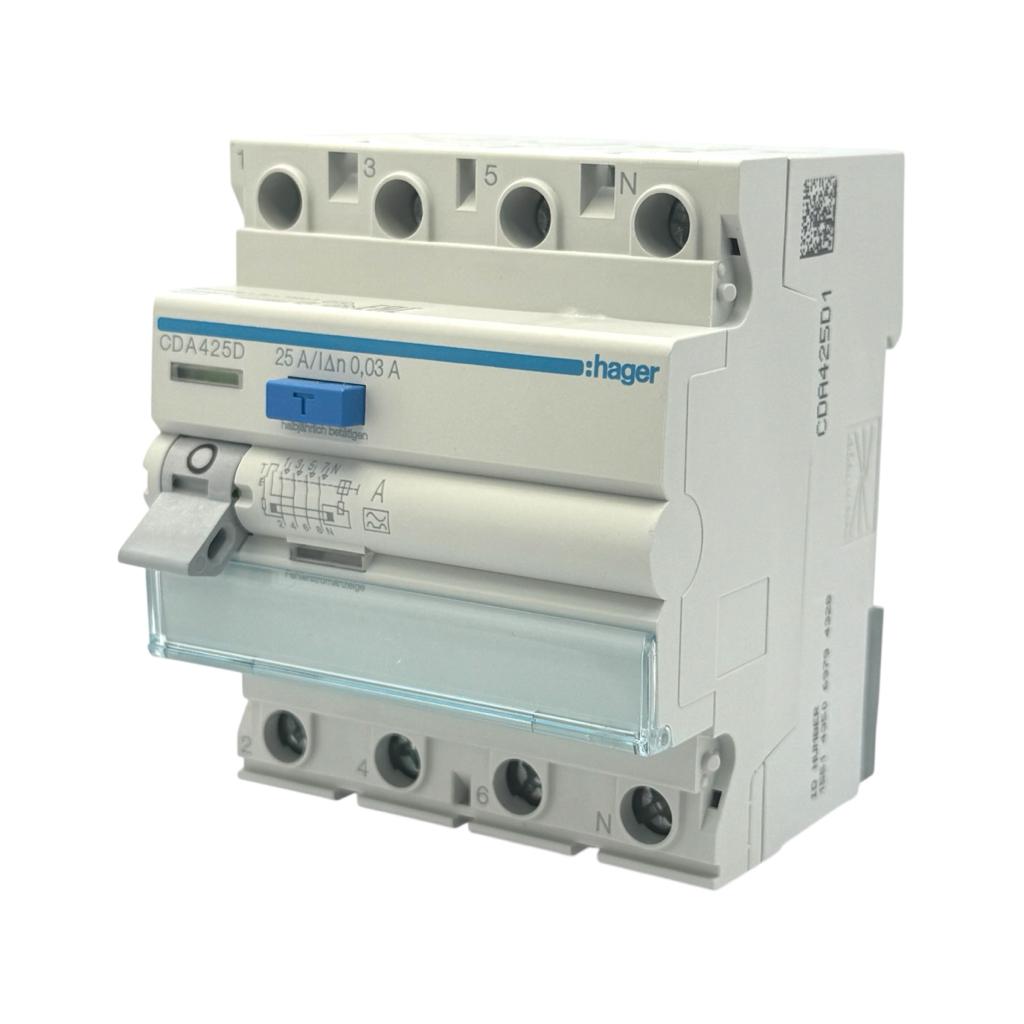 УЗО Hager ПЗВ 3P+N, 25A, 30mA, 6kА CDA425A