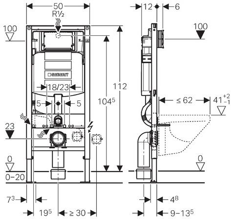 Инсталяции GEBERIT DUOFIX монтажный элемент для подвесного унитаза, H112, со встроенным бачком Sigma 12см, для смываемых клавиш Sigma 111.300.00.5