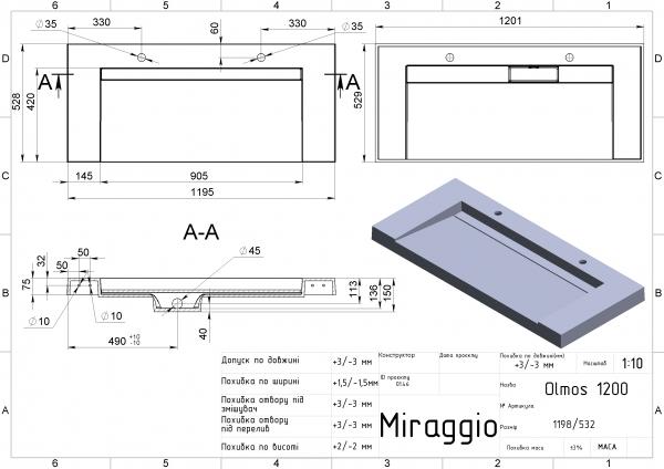 Умивальники та п'єдестали MIRAGGIO Умивальник OLMOS 1200