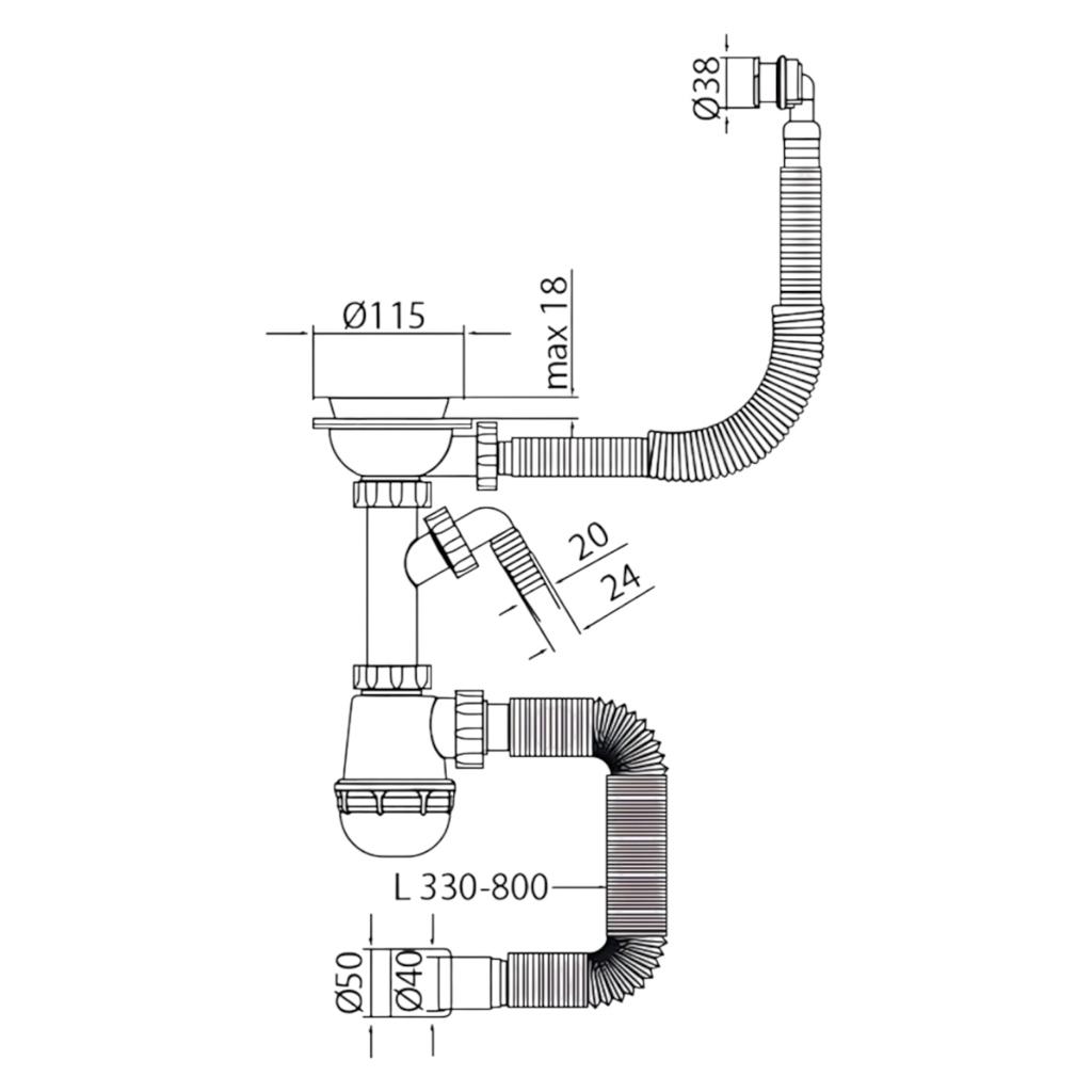 Сифони (умивальник/мийка) MIXXUS SK-06-BL Сифон для кухні 3 1/2x40 з пластиковою сіткою, відведенням для пральної машини, гнучким круг. переливом (MI8196)