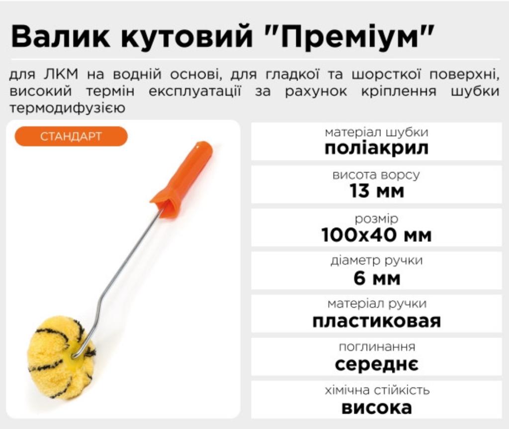 Валики притискні POLAX Валик для фарбування кутів ПРЕМІУМ 6*100*40мм. з ручкою 21-011