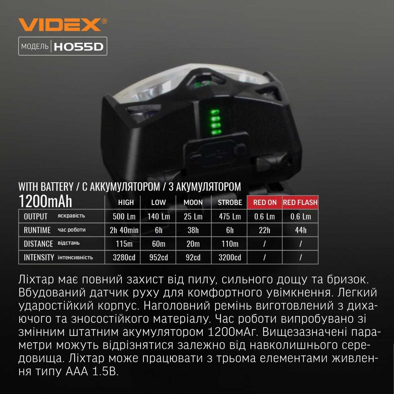 Фонари налобные VIDEX Фонарь налобный 500Lm 5000K VLF-H055D