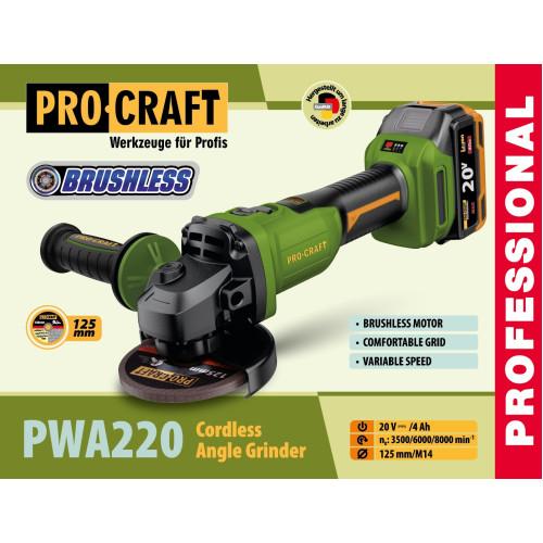 КШМ (акумуляторні) PROCRAFT КШМ акумуляторна безщіткова Ø125мм 20V (з АКБ 1*4Ah та ЗП) PWA220