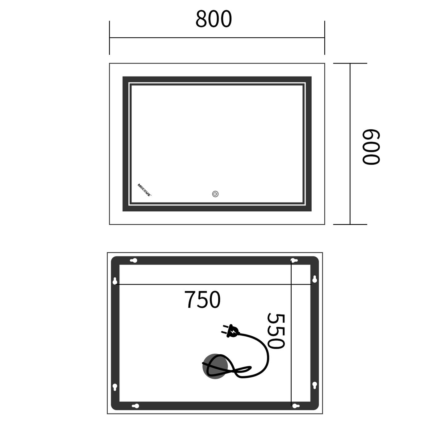  Дзеркала з підсвічуванням MIXXUS Premium QUADRO MR20-80x60-REVERSE Дзеркало (LED Touch, Anti-fog, димер) (MP6619)