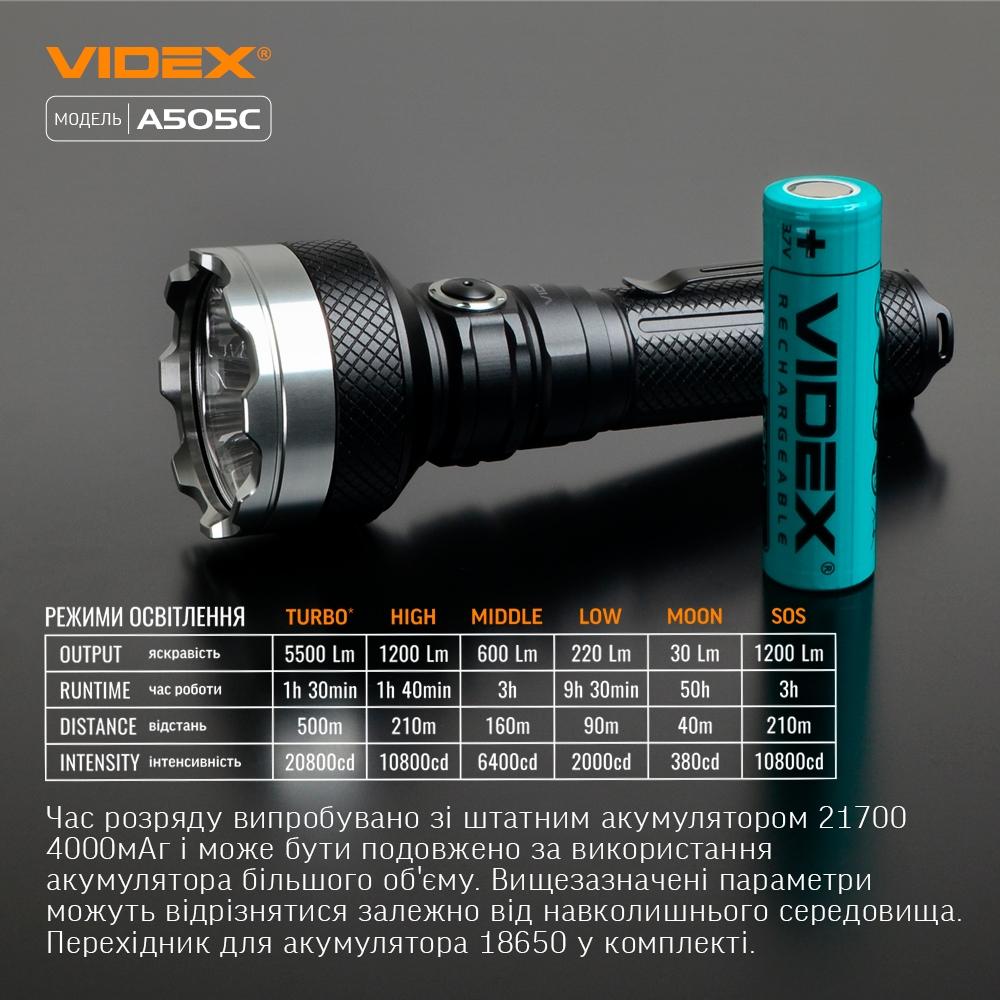Ліхтарі ручні VIDEX Портативний світлодіодний ліхтарик 5500Lm 5000K VLF-A505C