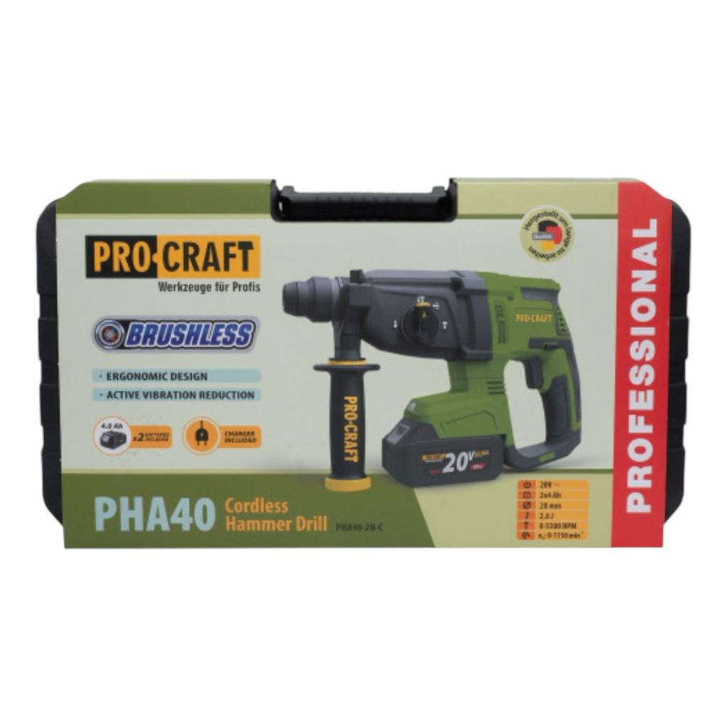 Перфораторы (аккумуляторные) PROCRAFT Перфоратор бочковий акумуляторний 2,6 Дж (з АКБ 2*4Ah та ЗП+Кейс) PHA40