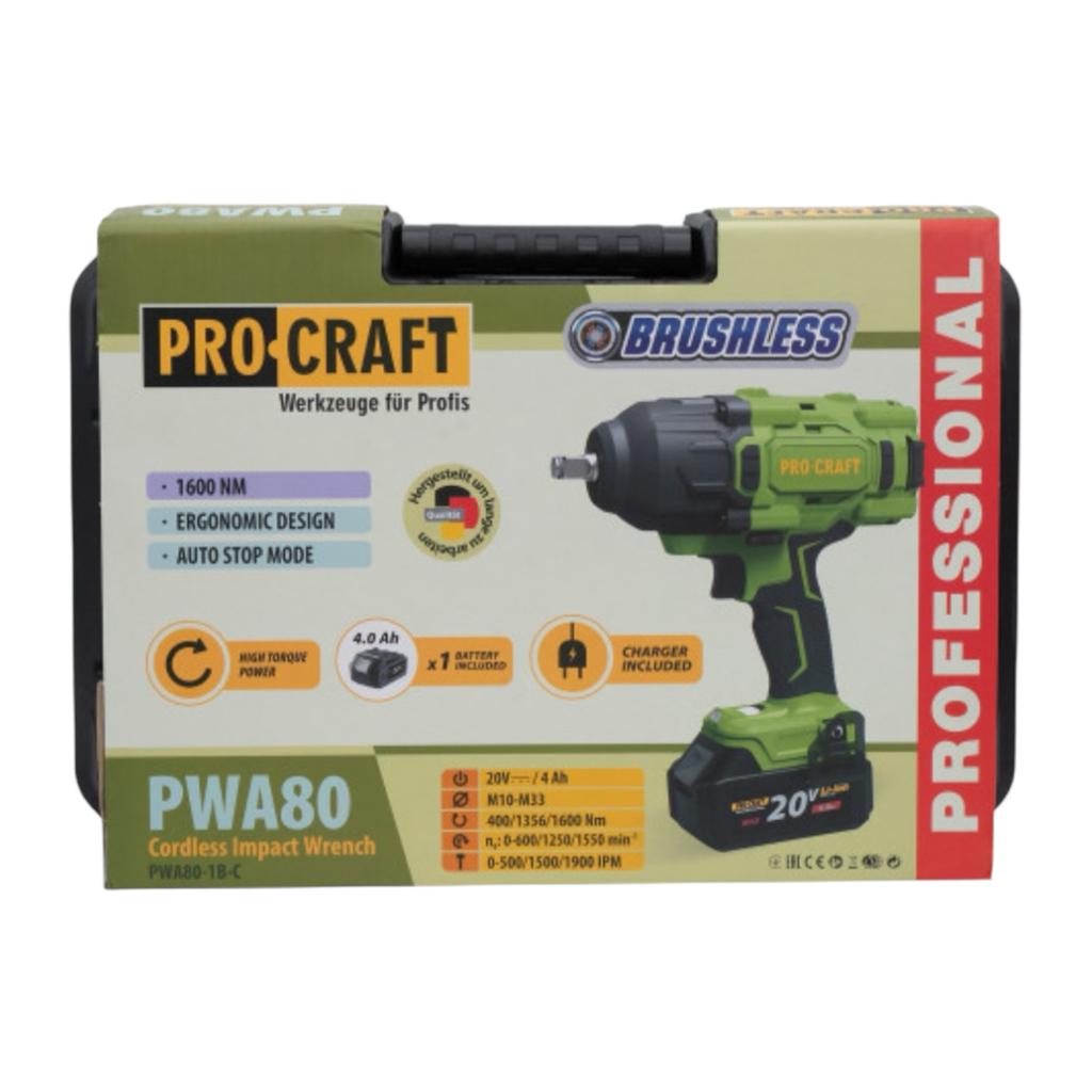 Гайковерти (акумуляторні) PROCRAFT Гайковерт акумуляторний 400/1356/1600Нм (з АКБ 1*4Ah та ЗП+кейс) PWA80