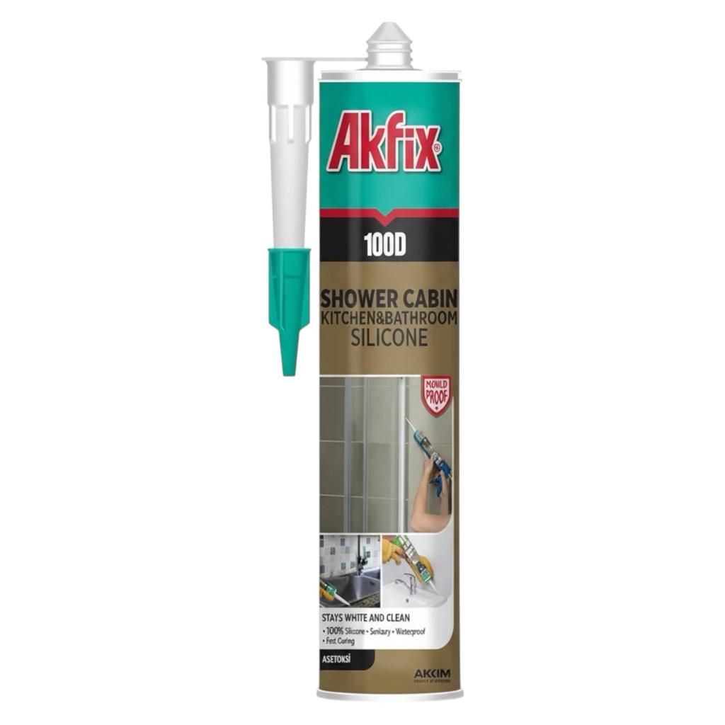 Герметики  AKFIX 100D Санитарный силиконовый герметик для ванных комнат и душевых кабин 280мл./325г. (белый)