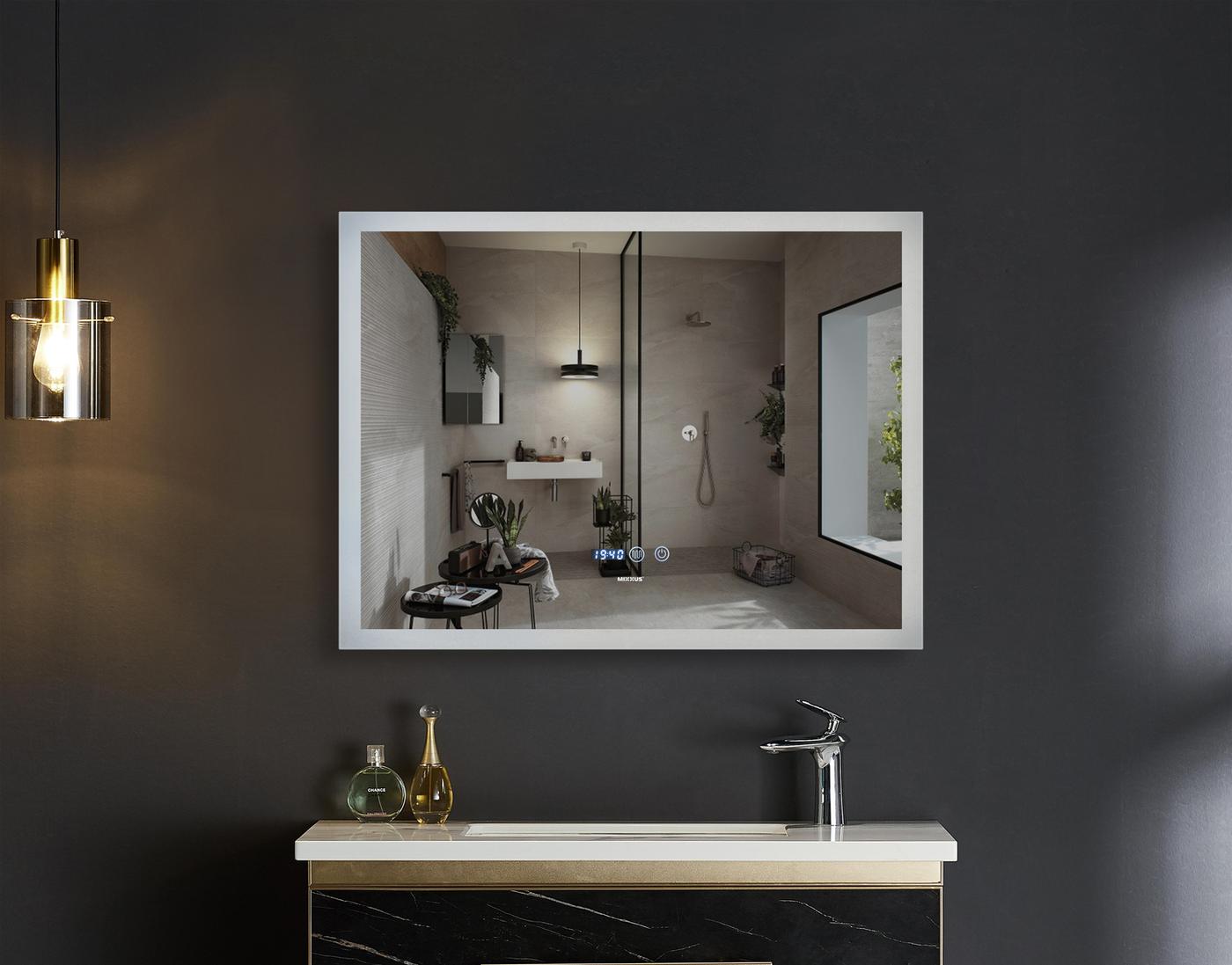 Зеркала с подсветкой MIXXUS FLAT MR04-80x60 Дзеркало (LED Touch, Anti-fog, димер, регулювання яскравості, годинник) (MI6928)