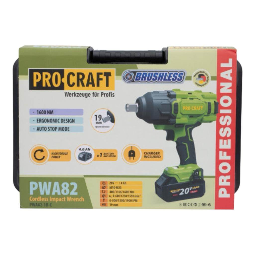 Гайковерти (акумуляторні) PROCRAFT Гайковерт акумуляторний 400/1356/1600Нм (з АКБ 1*4Ah та ЗП+кейс) PWA82