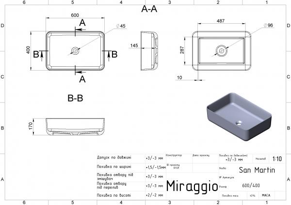 Умивальники та п'єдестали MIRAGGIO Умивальник SAN MARTIN