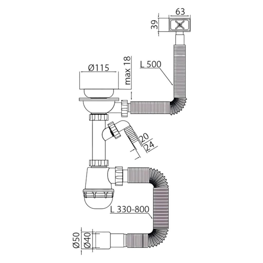 Сифони (умивальник/мийка) MIXXUS SK-05-BL Сифон для кухні 3 1/2x40 з пластиковою сіткою, відведенням для пральної машини, гнучким прямок. переливом (MI8192)