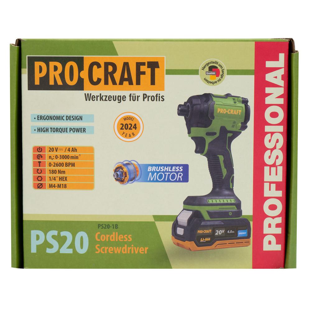 Гвинтоверти (акумуляторні) PROCRAFT Гвинтоверт акумуляторний безщітковий 210Нм (з АКБ 1*4Ah та ЗП) PS20