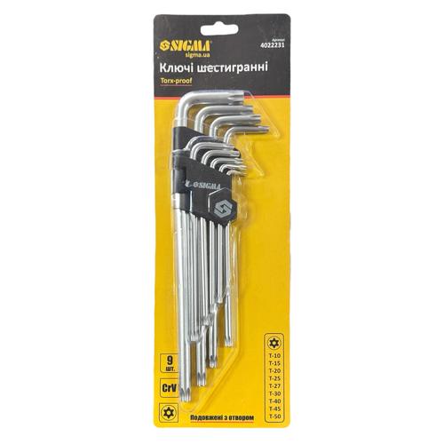 SIGMA Набір шестигранних Г-подібних ключів TORX T10-T50мм. 9шт. (довгі з отвором) 4022231
