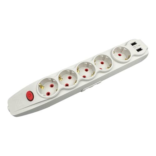 RightHausen KRIS Колодка для удлинителя 16A IP20 5-я с/з с выключателем и 2*USB (белая) HN-082251