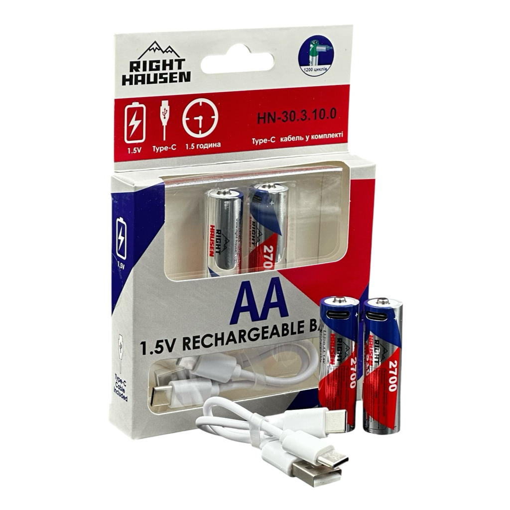 RightHausen Комплект аккумуляторов AA 1,5V 2700mA с Type-C кабель в комплекте (уп./2шт.) HN-303100