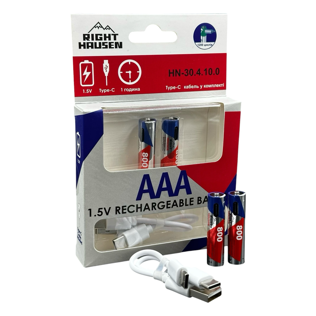 RightHausen Комплект аккумуляторов AAA 1,5V 800mA с Type-C кабель в комплекте (уп./2шт.) HN-304100