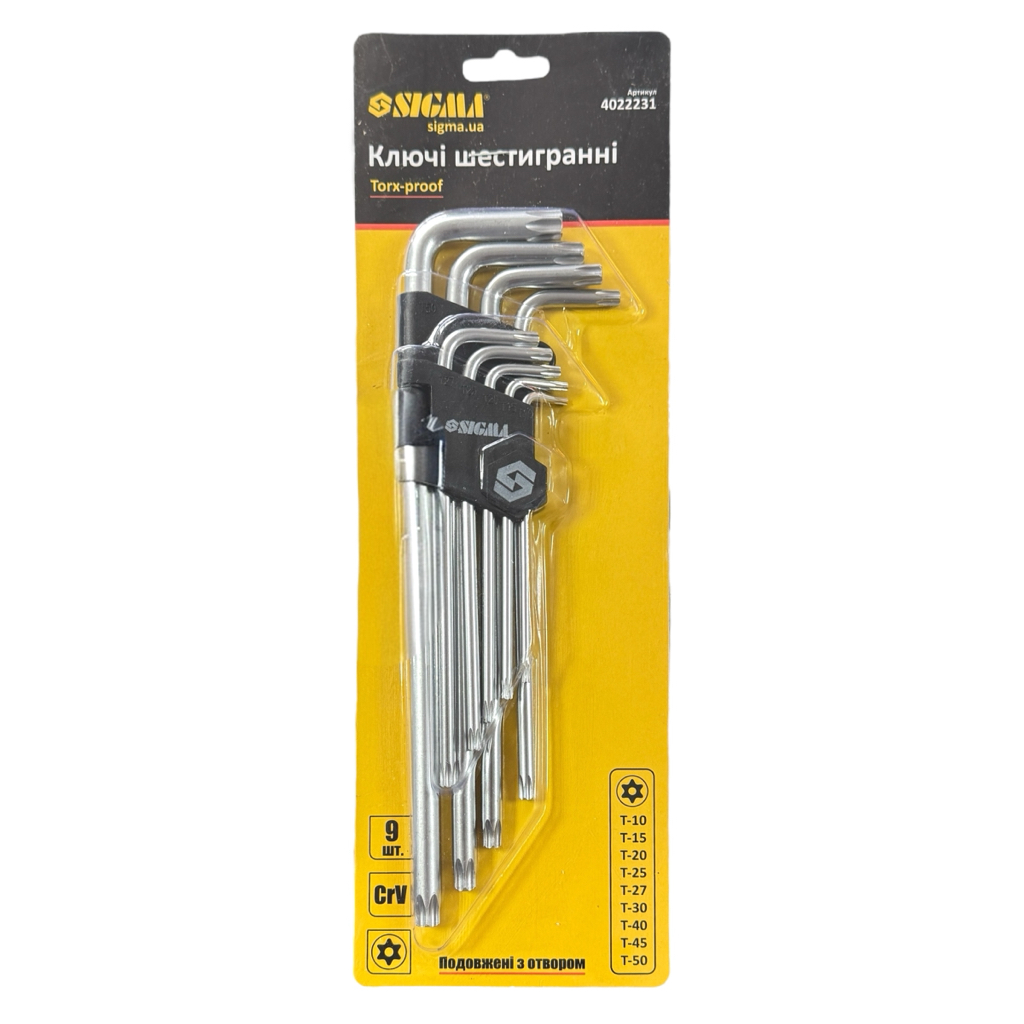 SIGMA Набір шестигранних Г-подібних ключів TORX T10-T50мм. 9шт. (довгі з отвором) 4022231