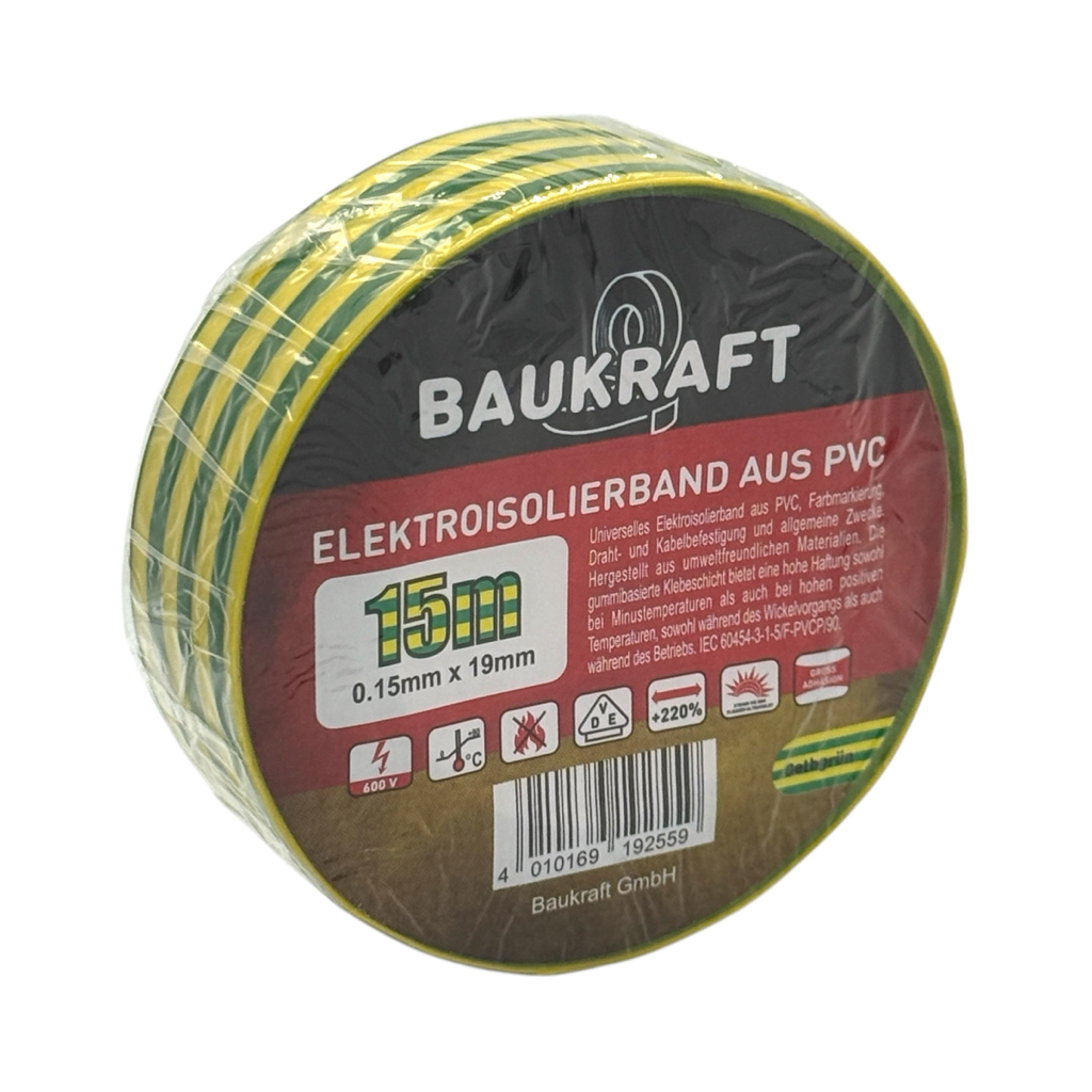 BAUKRAFT Ізоляційна стрічка 0,15мм.*19мм.*15м. (жовто-зелена) 166491
