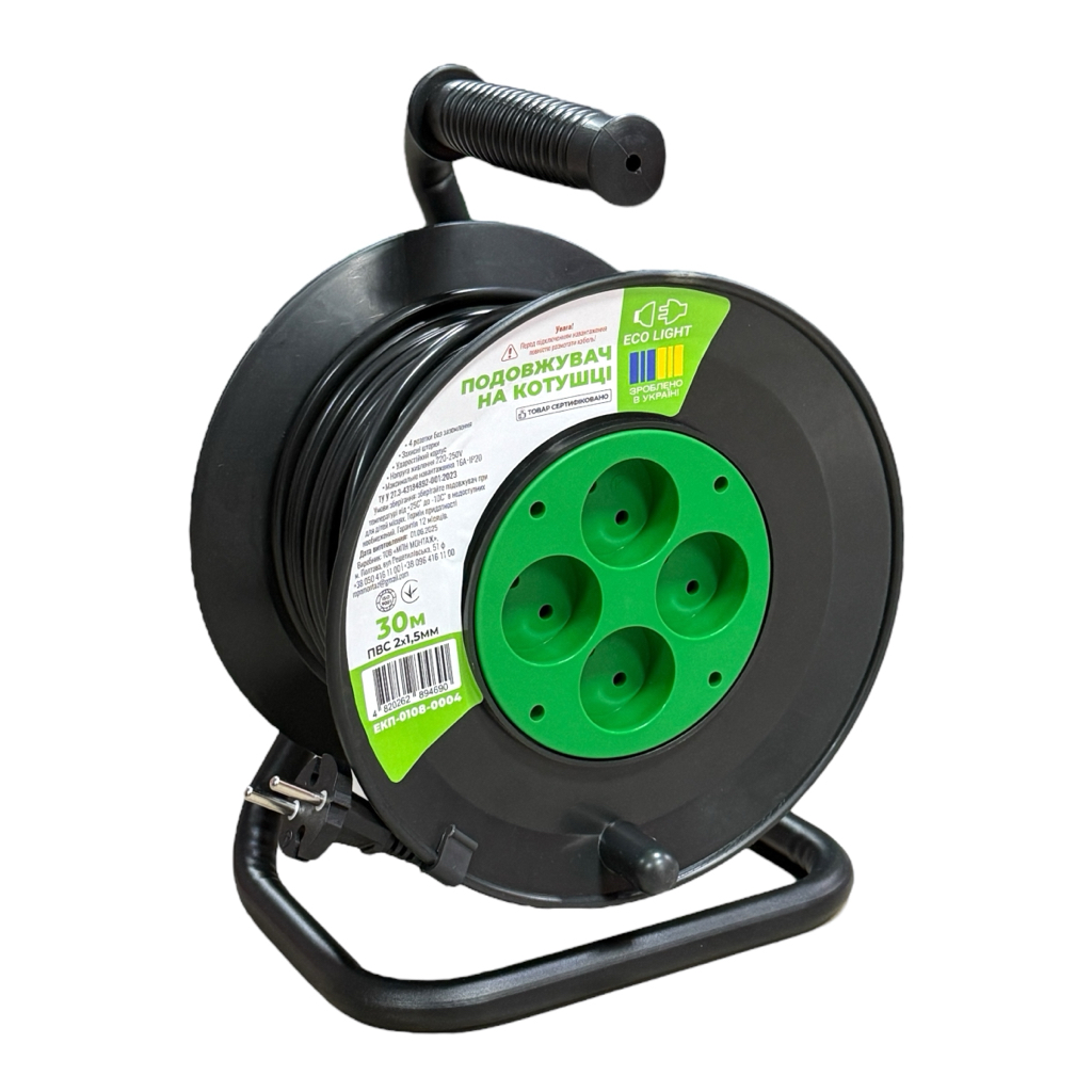 ECO LIGHT Подовжувач електричний на котушці 4 розетки б/з  IP20 (30м.) (2*1,5) ЕКП-0108-0004