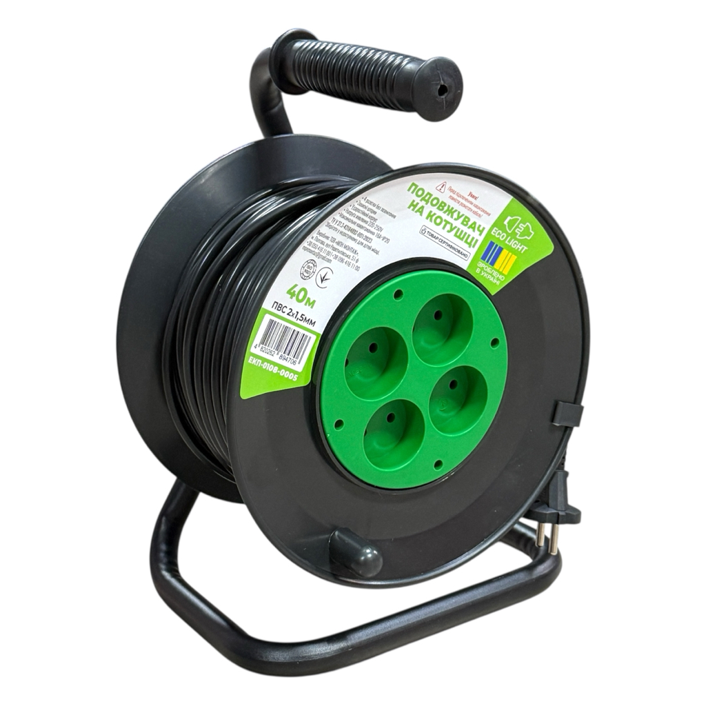 ECO LIGHT Подовжувач електричний на котушці 4 розетки б/з  IP20 (40м.) (2*1,5) ЕКП-0108-0005