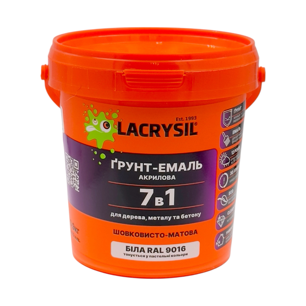 LACRYSIL Грунт-емаль акрилова для дерева, металу та бетону 7в1 0,9кг. RAL9016 (БІЛА)