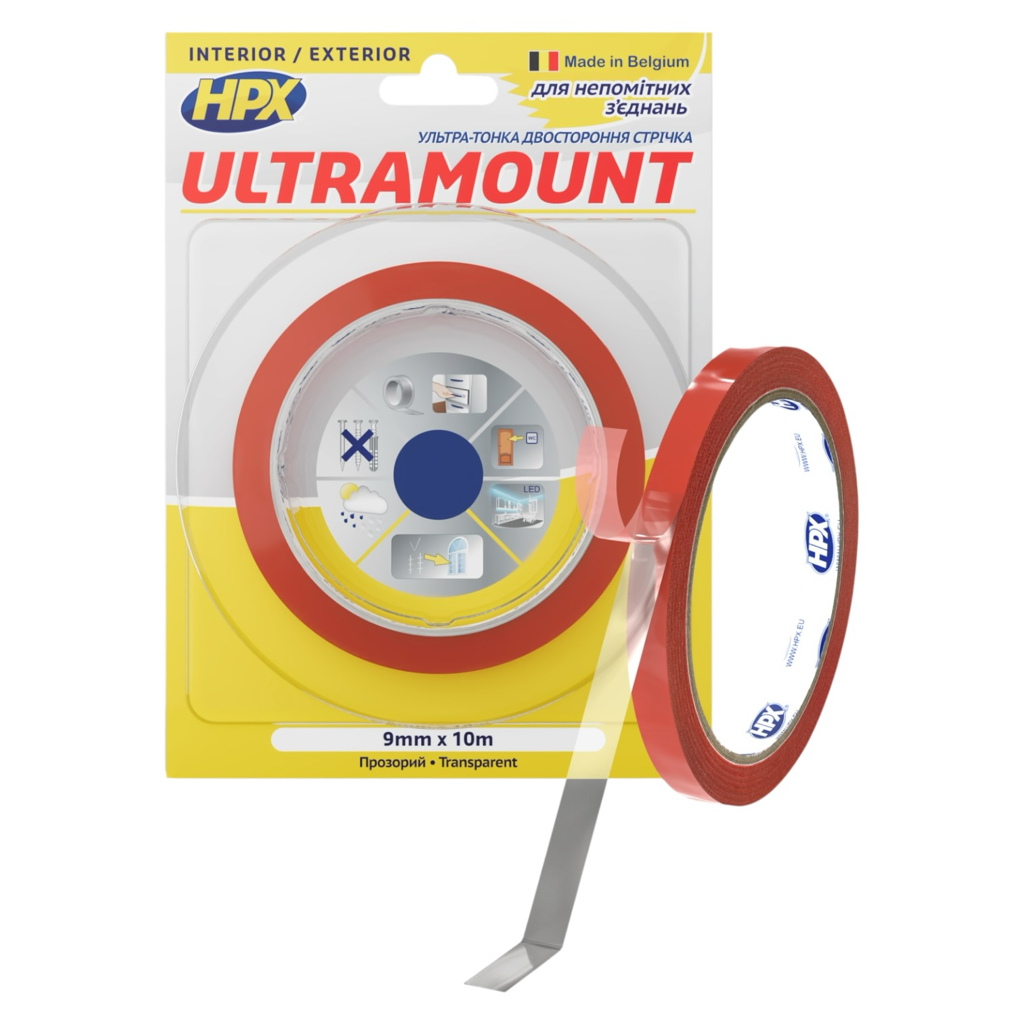 HPX Стрічка двохстороння ULTRA MOUNT 9мм.*0,2мм.*10м. прозора (блістер) UM0910