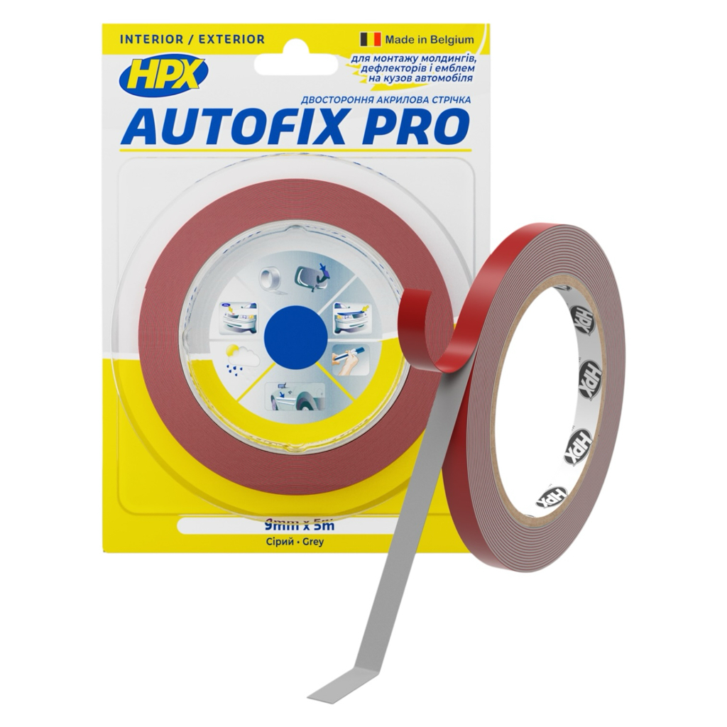 HPX Стрічка двохстороння AUTOFIX PRO 9мм.*0,8мм.*5м. сіра (блістер) AF0905