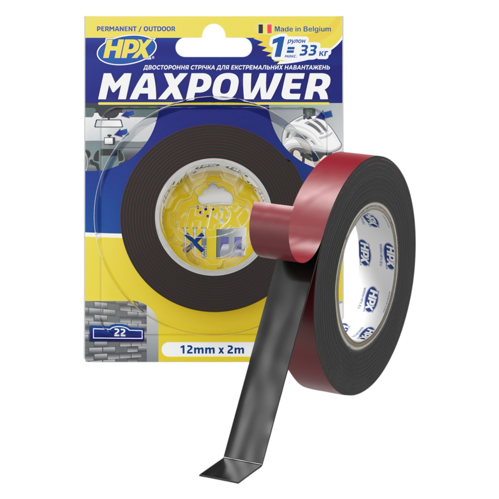 HPX Стрічка двохстороння MAXPOWER 12мм.*1,1мм.*2м. чорна (блістер) OT1202