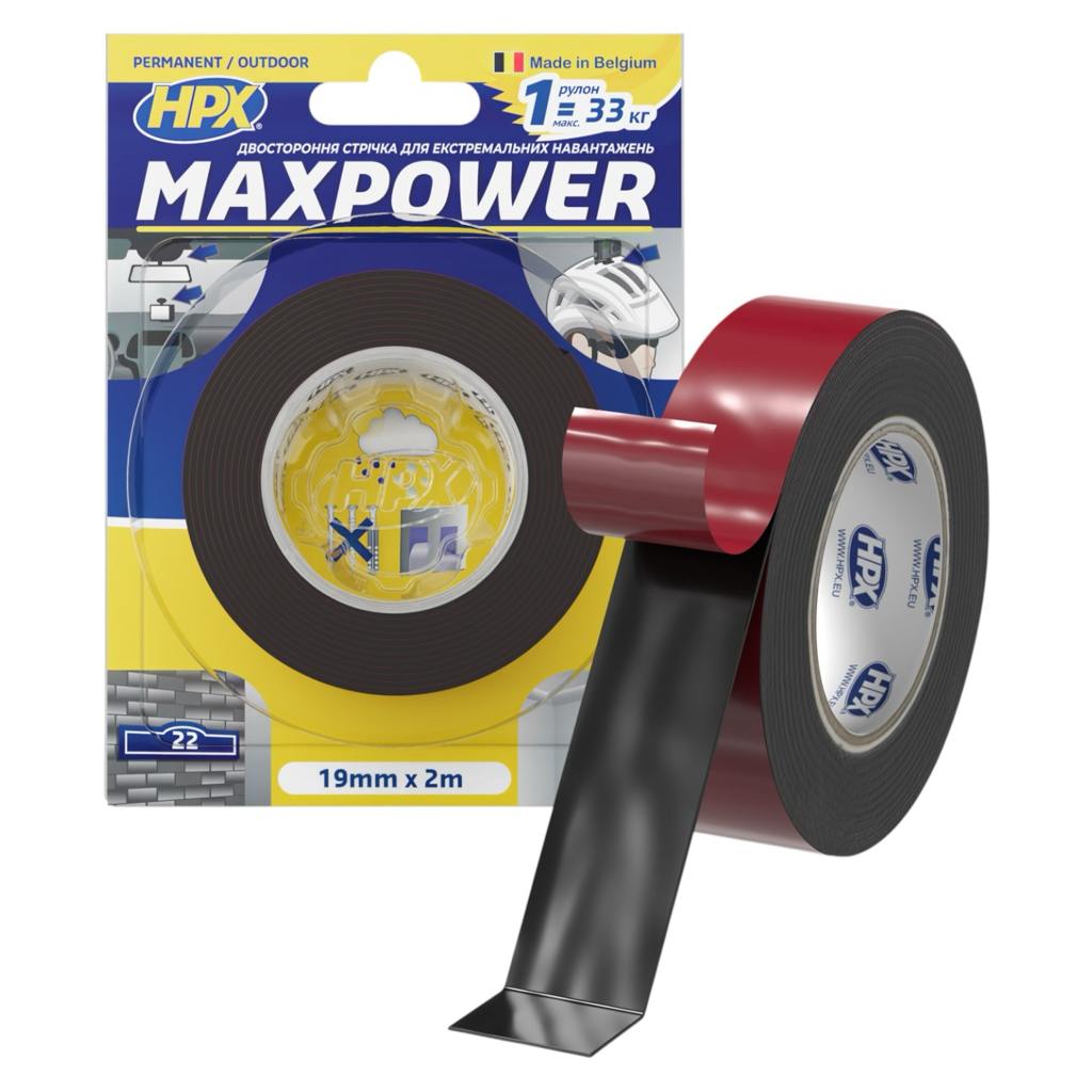 HPX Стрічка двохстороння MAXPOWER 19мм.*1,1мм.*2м. чорна (блістер) OT1902