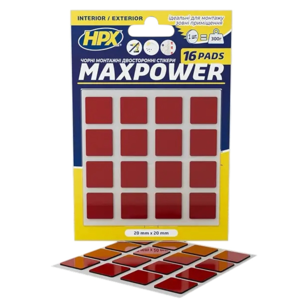 HPX Вырубка из двусторонней ленты MAXPOWER 20мм.*20мм. черные 16шт. (блистер) OT2020SQ