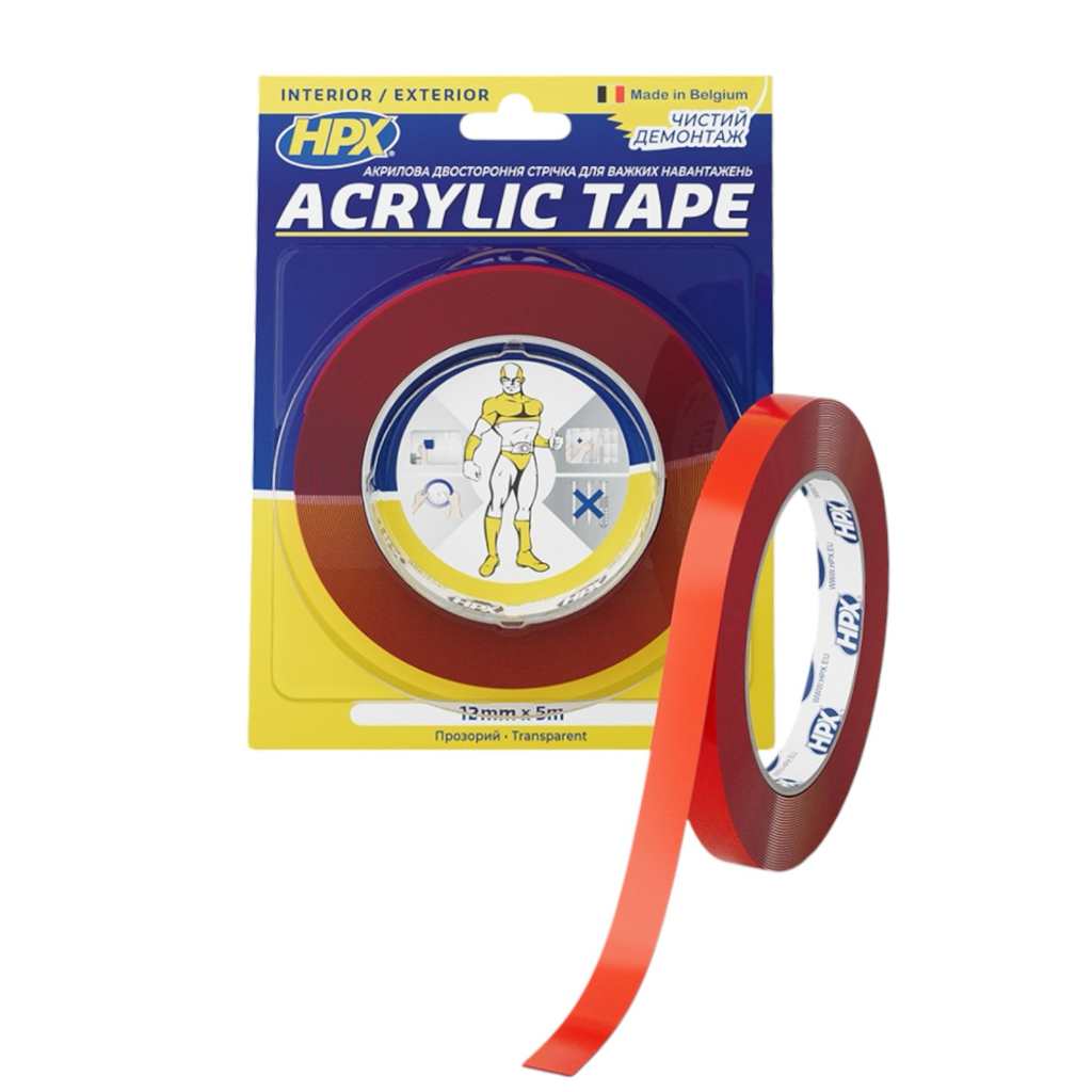 HPX Стрічка двохстороння ACRYLIC TAPE 12мм.*1мм.*5м. прозора (блістер) TT1205